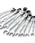 Flex Head Ratcheting Wrench Set 14 Piece SAE Wrenches In Inch Sizes From One Quarter To Seven Eighths Inch With Rack Made From Chrome Vanadium Steel Ideal For Home Garage And Pro DIY Projects, arranged with rack showing chrome finish