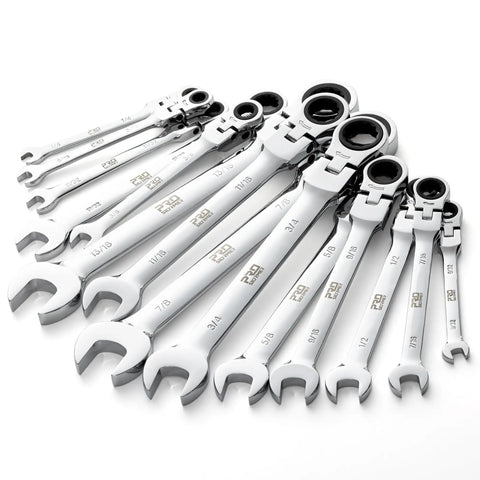 Flex Head Ratcheting Wrench Set 14 Piece SAE Wrenches In Inch Sizes From One Quarter To Seven Eighths Inch With Rack Made From Chrome Vanadium Steel Ideal For Home Garage And Pro DIY Projects, arranged with rack showing chrome finish
