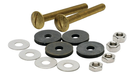 Rock Solid Brass Tank To Bowl Bolt Kit With Thick Washers And Heavy Duty Nuts, including brass bolts and various washers.