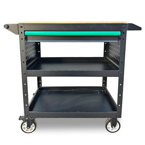 Heavy-Duty Rolling Utility Cart With Wooden Top, 3-Tier Mobile Workshop Table On Sturdy Casters, Boss-Grade Tool Organizer Cabinet
