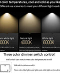 Image displaying 3 color temperatures for 12 Pack Recessed Downlights With 7W Or 12W Choices 3CCT Dimmable 3000K To 6000K. Switch controls explained.