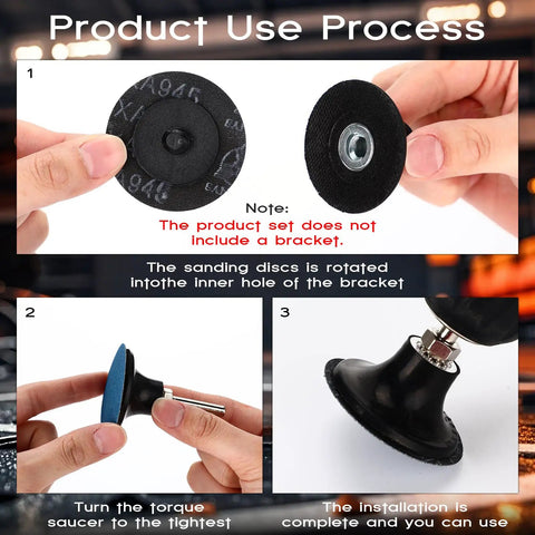 Step-by-step installation of 150 Pcs 2 Inch Sanding Discs 120 Grit for Die Grinder, showing attachment process without bracket.