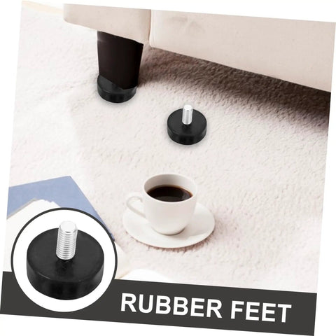 4 Pack Adjustable Rubber Shock Absorber Feet Pads displayed under a sofa with a coffee cup on the carpet nearby.