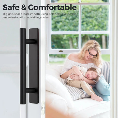4 Pack Adhesive Cabinet Handles Peel and Stick Black Pull Handles installed on door, no drill, smooth surface, easy grip.
