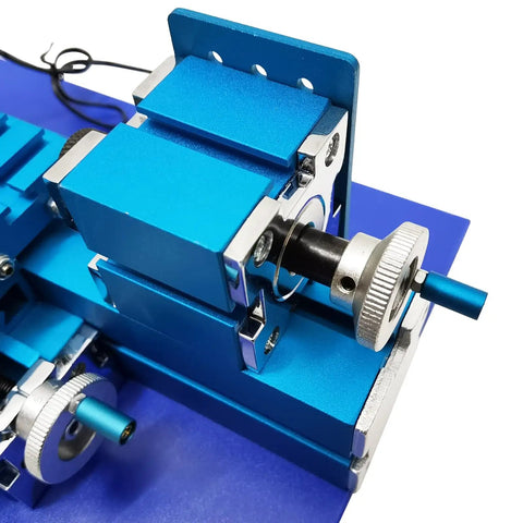 Close-up of WYDDDARY Mini Metal Lathe Machine 3000RPM High-Speed Spindle with three jaw chuck for precise woodworking.