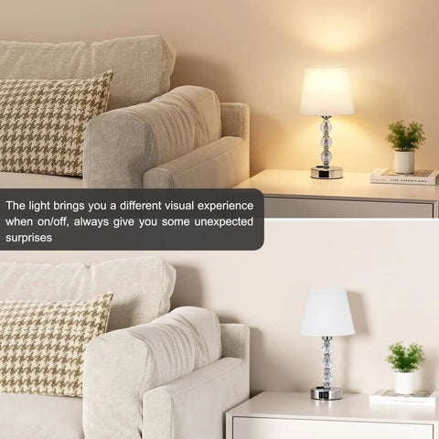 Crystal Table Lamp Set Of 2 With USB A And USB C Ports And 2 Pin Outlet Charge Up To Six Gadgets At Once Works On Or Off lit and unlit on table.