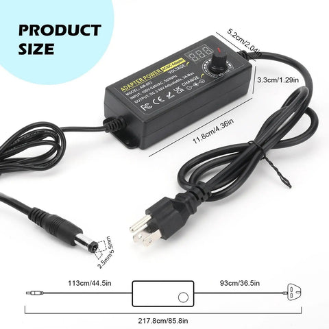 Dope Adjustable 3V To 24V DC Power Supply 3A 72W Universal AC DC Adapter with size dimensions and test leads visible