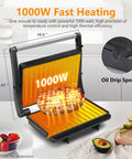 Aigostar Silver 1000W Panini Press Grill with ceramic plates shown with grilled food, demonstrating fast heating and oil drip spout.