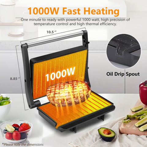 Aigostar Silver 1000W Panini Press Grill with ceramic plates shown with grilled food, demonstrating fast heating and oil drip spout.