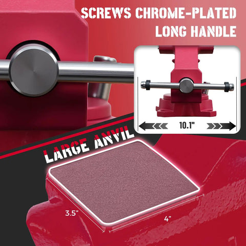 8 Inch Bench Vise Heavy Duty With 7.5 Inch Jaw Opening And 210 Degree Swivel Base 4.5 Inch Throat Depth Multi Jaw Design For Flat And Round Material Great For Large Projects Pipes And Bulky Workpieces, red vise with chrome handle and 4x3.5 in anvil