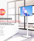 Mobile Floor Stand For Monitors And TVs Up To 35 Inches Weighing 22 Lbs With Anti Knockdown Base And Adjustable Height Commercial Grade Wheeled Display Stand For Kiosks Retail And Hospitals in modern office setting.