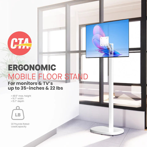 Mobile Floor Stand For Monitors And TVs Up To 35 Inches Weighing 22 Lbs With Anti Knockdown Base And Adjustable Height Commercial Grade Wheeled Display Stand For Kiosks Retail And Hospitals in modern office setting.