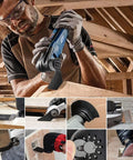 Oscillating tool blades kit with sandpaper; blue multitool in use amid woodwork; bi-metal blades for wood/metal/plastic
