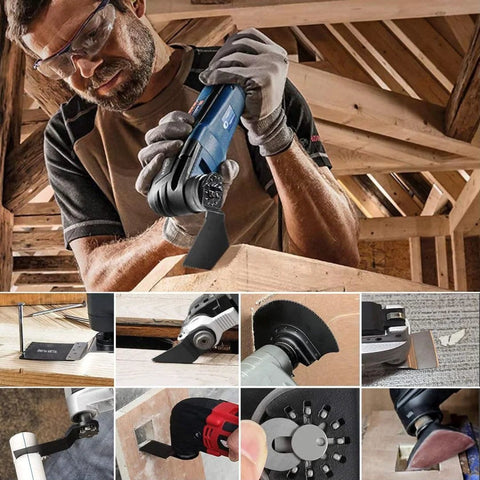 Oscillating tool blades kit with sandpaper; blue multitool in use amid woodwork; bi-metal blades for wood/metal/plastic