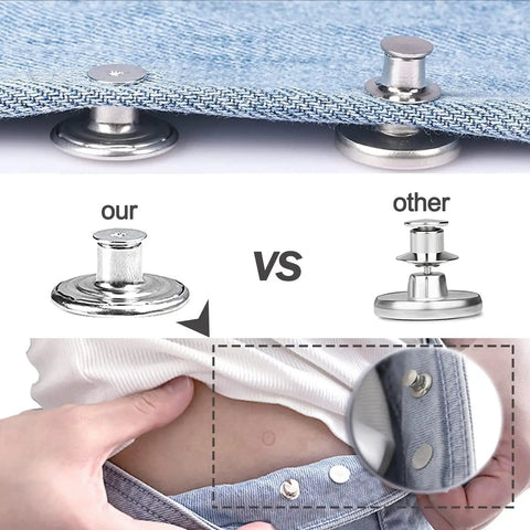 Jeans Button Replacement Kit With Ten Metal Snap Buttons And Tools For Quick No Sew Installation Bronze Finish shown installed on jeans.