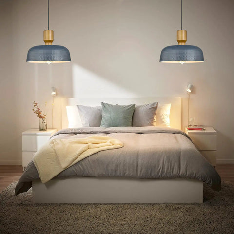 Bedroom with Hammered Metal Shade Pendant Lights Two Pack For Kitchen Island Modern Ceiling Hanging Fixtures With Faux Wood Iron Top