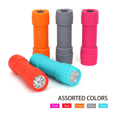 Five colorful 9-LED mini flashlights in assorted colors showcasing the 10 Pack Nine LED Mini Flashlights With AAA Batteries Included And Pre Installed Ideal For Class Teaching Camping Or Wedding Favors And Everyday Use Compact And Durable For Easy Everyday Carry.