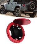 Red Fuel Filler Door Cover Replacement For JK Sahara 2007 2018 Fits Like OEM Tight Seal Easy Install Durable Gas Door For Wrangler Gas Cap Filler Panel shown with open cover and Jeep in background.