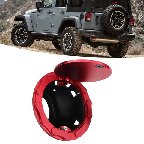 Red Fuel Filler Door Cover Replacement For JK Sahara 2007 2018 Fits Like OEM Tight Seal Easy Install Durable Gas Door For Wrangler Gas Cap Filler Panel shown with open cover and Jeep in background.