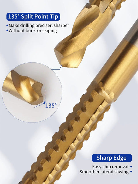 Two Rocaris titanium-coated HSS twist drill bits, 3–10 mm, 135° split-point tip