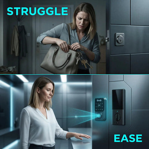 No Fuss Real Deal Top Tier Slick Palm Vein And 3D Facial Recognition Smart Lock For Keyless Entry Automatic Deadbolt With Six In One Options For Home Or Office Black Finish showing a woman struggling with keys then using the smart lock.