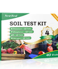 Packaging for At Home Soil Test Kit for Lawns and Gardens, 40 Tests, showing four key nutrients and vibrant garden imagery