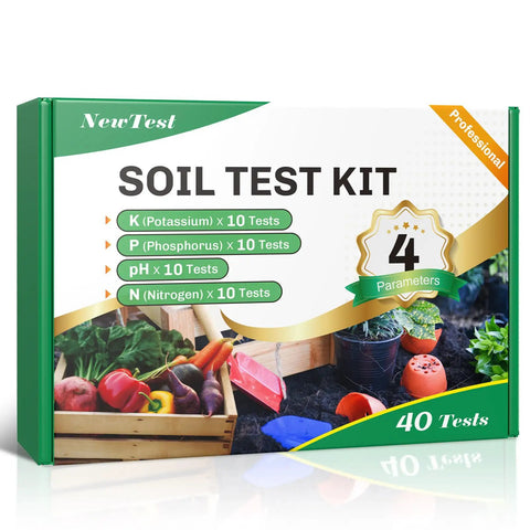 Packaging for At Home Soil Test Kit for Lawns and Gardens, 40 Tests, showing four key nutrients and vibrant garden imagery