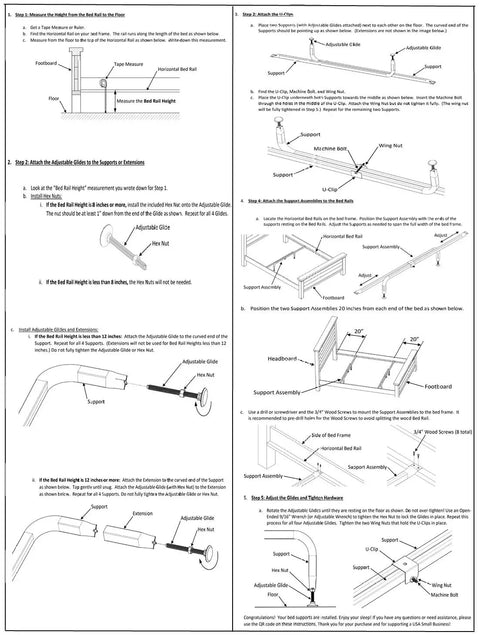 Heavy Duty Bed Slats Center Support System assembly instructions with adjustable glide for queen, king, California king beds.