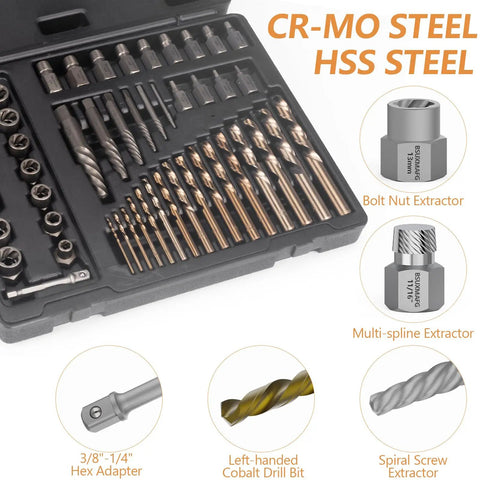49 Piece Screw And Bolt Extractor Tool Set With Left Hand Drill Bits And Nut Removers For Damaged Stripped Bolts And Screws