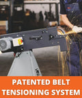 Heavy Duty Industrial Belt Grinder Built Like A Tank For Metal Fabrication Shops Featuring Rock Solid Steel Frame And Badass Torque 3 Phase 400 440 Volt Motor with Patented Belt Tensioning System.