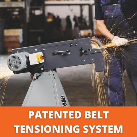Heavy Duty Industrial Belt Grinder Built Like A Tank For Metal Fabrication Shops Featuring Rock Solid Steel Frame And Badass Torque 3 Phase 400 440 Volt Motor with Patented Belt Tensioning System.