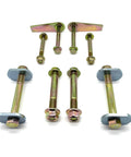 Beefy Front Control Arm Bolt Kit For 1997-2006 Jeep Wrangler TJ And LJ Upper And Lower Frame Side Hardware With 6 10.9 Grade Flange Bolts And Prevailing Torque Nuts Flag Nut Style Cam Bolt Delete Zinc Plated, six bolts and plates laid out