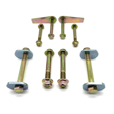 Beefy Front Control Arm Bolt Kit For 1997-2006 Jeep Wrangler TJ And LJ Upper And Lower Frame Side Hardware With 6 10.9 Grade Flange Bolts And Prevailing Torque Nuts Flag Nut Style Cam Bolt Delete Zinc Plated, six bolts and plates laid out