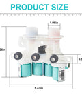 Straight Up Solid Washer Water Inlet Valve W11165546 W11096267 dimensions measuring 5.43in x 4.26in x 1.06in with dual ports.