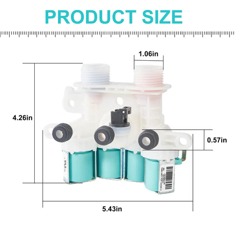 Straight Up Solid Washer Water Inlet Valve W11165546 W11096267 dimensions measuring 5.43in x 4.26in x 1.06in with dual ports.
