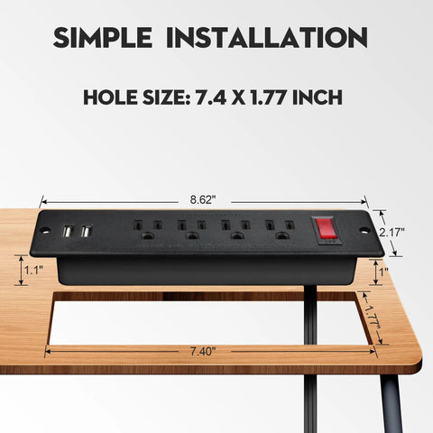 Recessed Mountable Power Strip With USB Ports Four Outlets Two USB Built In Surge Protection ETL Listed mounted in desk