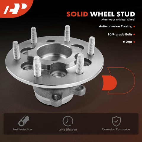 Front Wheel Bearing And Hub Assembly For Six Lug Chevrolet Colorado 2009 2012 And GMC Canyon 2009 2012 RWD Only High Load Roller Bearing For Axial And Radial Load Support showing solid wheel stud with anti-corrosion coating.