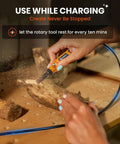 HARDELL mini cordless rotary tool, orange 4V, 5-speed, in use on wood.