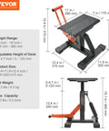Heavy Duty Dirt Bike Lift Stand With 440 Lb Capacity And Hydraulic Lift, side view showing adjustable height hoist features.