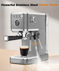 Premium Espresso Coffee Machine With Steam Wand For Cappuccino And Iced Cold Brew Barista Level Shot Pulls Total Coffee Game Changer Smooth Daily Grinds Gray with cup of espresso.