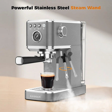 Premium Espresso Coffee Machine With Steam Wand For Cappuccino And Iced Cold Brew Barista Level Shot Pulls Total Coffee Game Changer Smooth Daily Grinds Gray with cup of espresso.