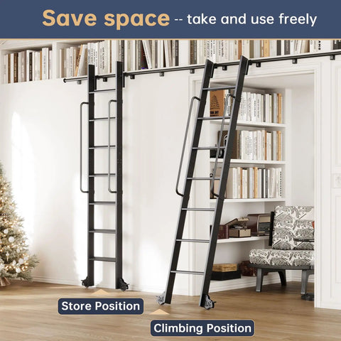 Heavy Duty 9ft Aluminum Rolling Library Ladder With 4ft Sliding Track Kit, 8 Steps With Handrail, Telescopic Hook Track And Brake Wheel, 450lbs Capacity, Black, Easy Assembly For Loft Bookshelf Attic Home Shop in store and climbing positions