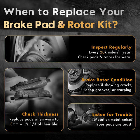 Image showing tips on when to replace front brake kit for Toyota Camry 2007 2017, Avalon 2008 2018, Lexus ES350 2007 2018, ES300h 2013 2018 with Geomet coated discs drilled and slotted rotors and ceramic pads, model KOE3053.