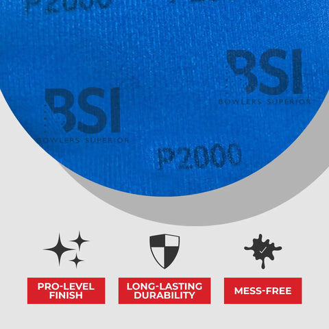 1000 Grit Bowling Ball Sanding Disc Kit for Resurfacing Machines Ball Spinner and Hand Cleaning Pad, blue, close-up of BSI logo