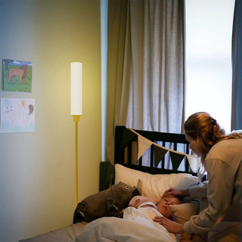 Gold Floor Lamp With Remote And Foot Switch, 360 Degree LED Light, mother soothing baby in nursery