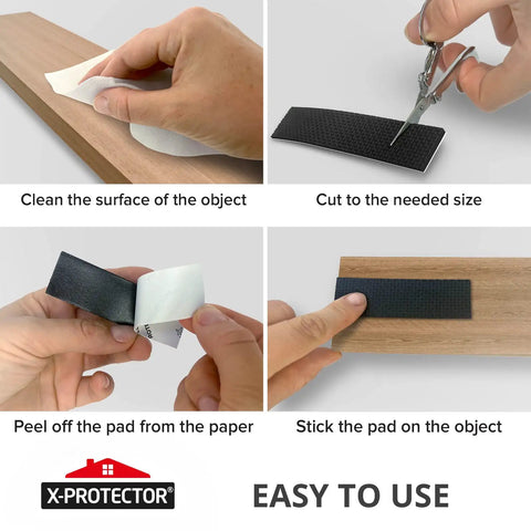 Four-step guide to using Non Slip Rubber Strips Eight Pack Self Adhesive Grip Pads for various surfaces and appliances.