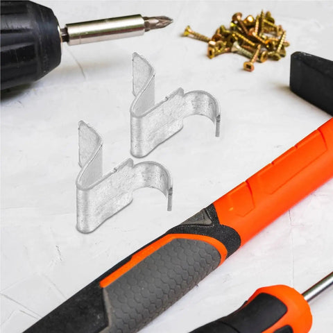 Built Tough Cabinet Shelf Clips for Metal Cabinets Secure Braces 200 Pack with tools on workbench