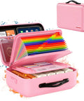 Pink file organizer box with colorful dividers, shown open with documents inside. Compact and lightweight design.
