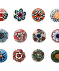 Set Of 12 Multicolor Ceramic Knobs Hand Painted For Cabinets, Furniture, Doors And Drawers 2.55 Inch Height And 1.5 Inch Diameter
