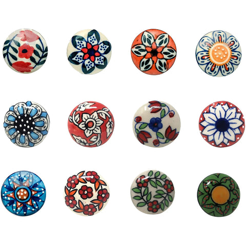 Set Of 12 Multicolor Ceramic Knobs Hand Painted For Cabinets, Furniture, Doors And Drawers 2.55 Inch Height And 1.5 Inch Diameter